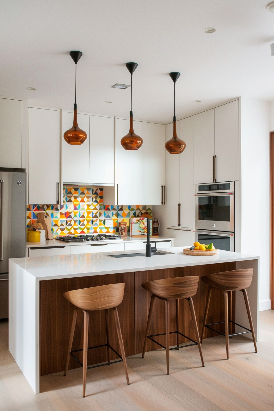 Sculptural pendant lights over kitchen island