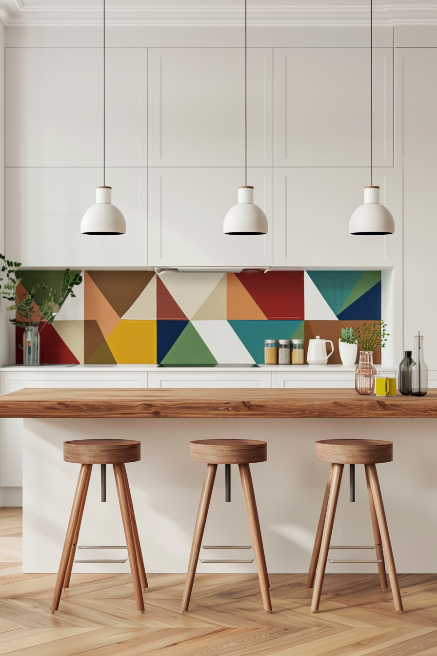 Sculptural pendant lights over kitchen island