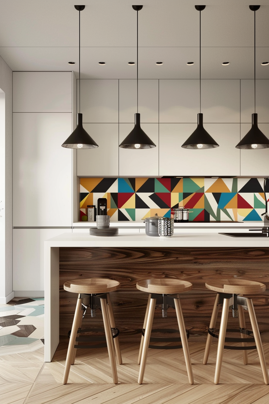 Sculptural pendant lights over kitchen island