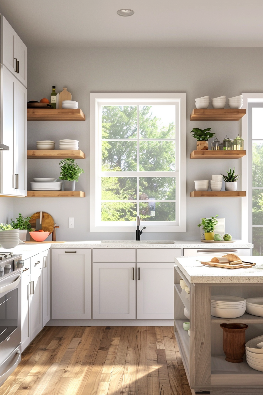 Glossy white cabinets in small kitchen
