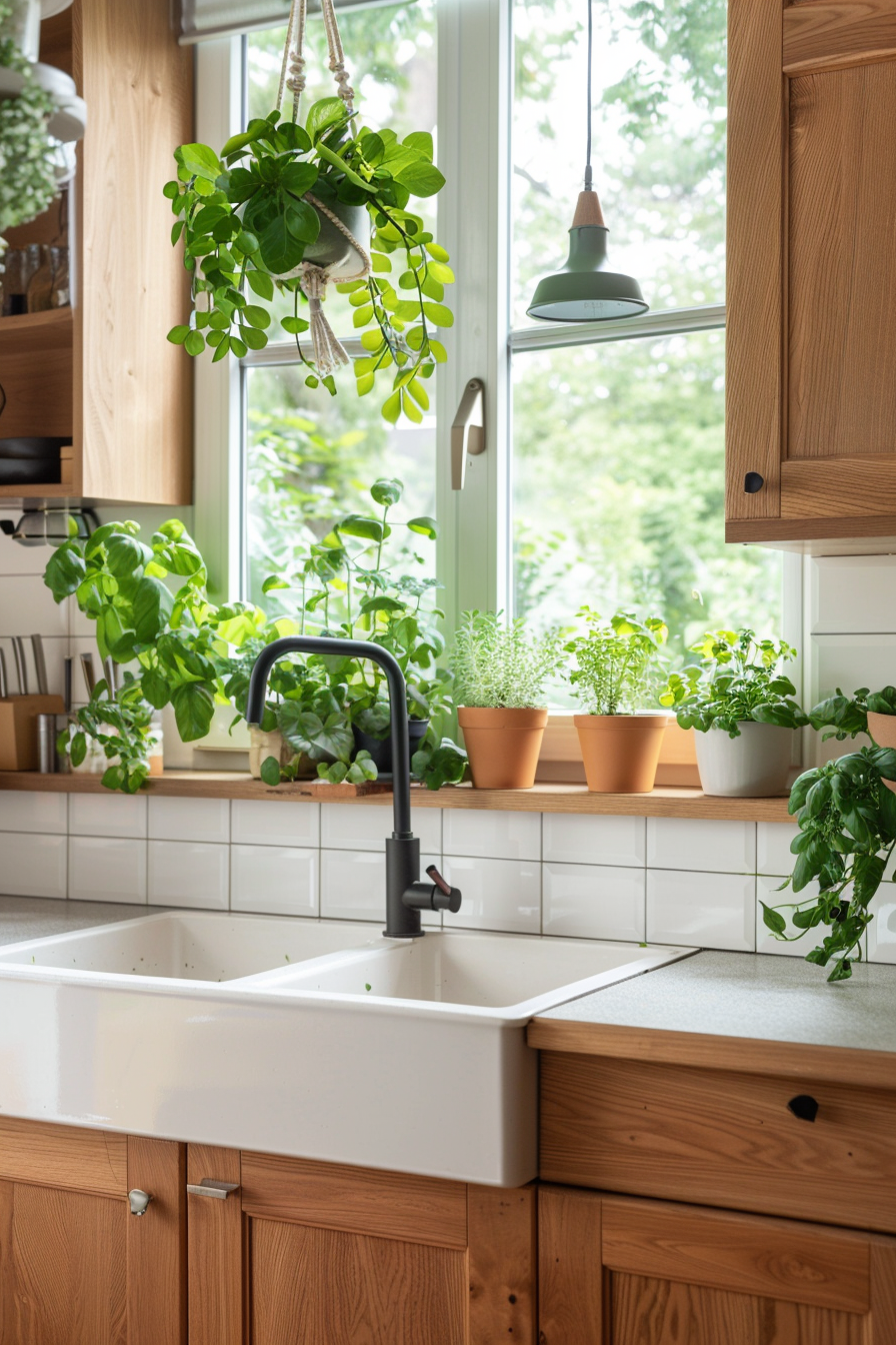Potted herbs and hanging plants
