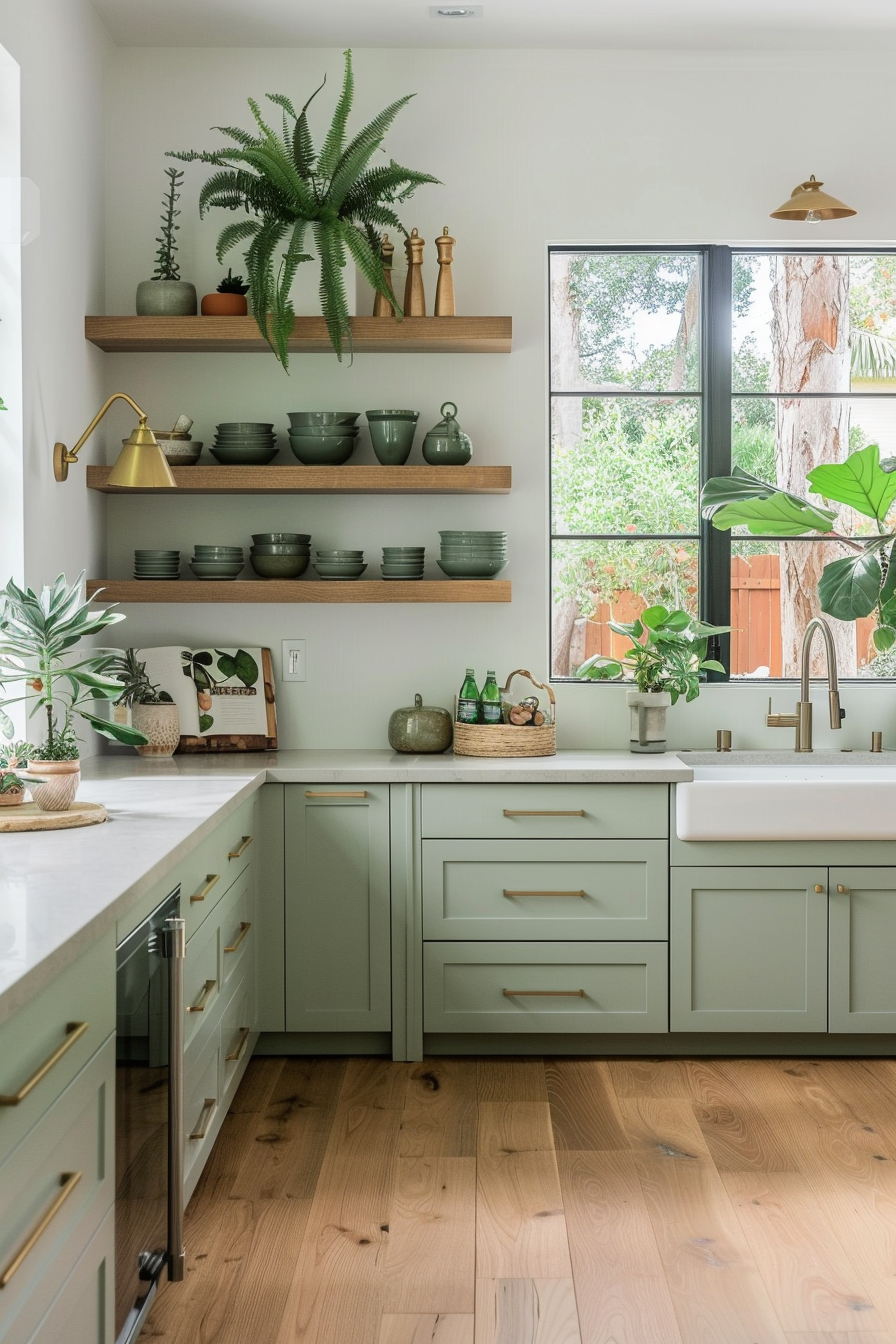 Green cabinets with natural wood finishes