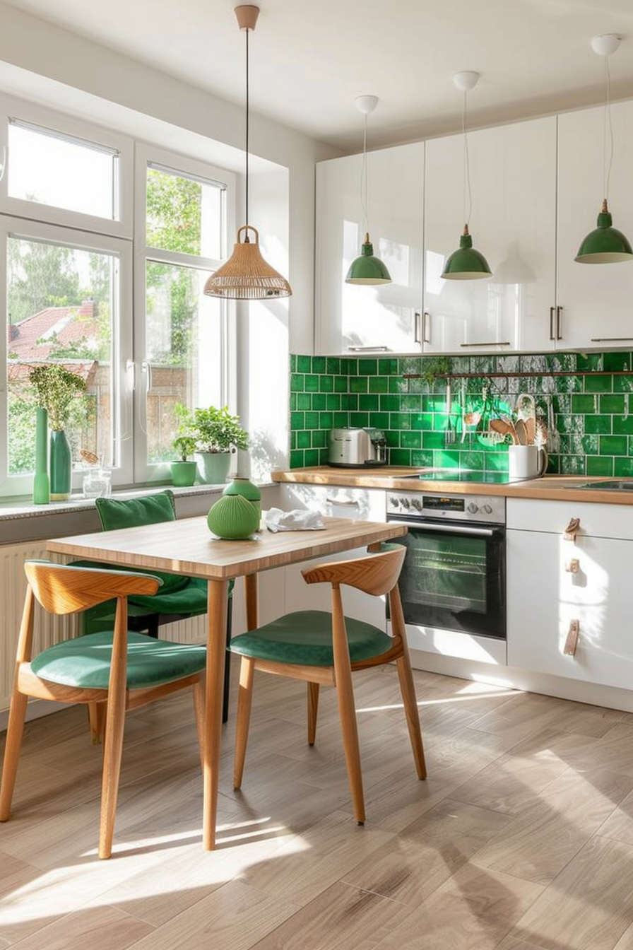 Emerald green tiles and potted herbs