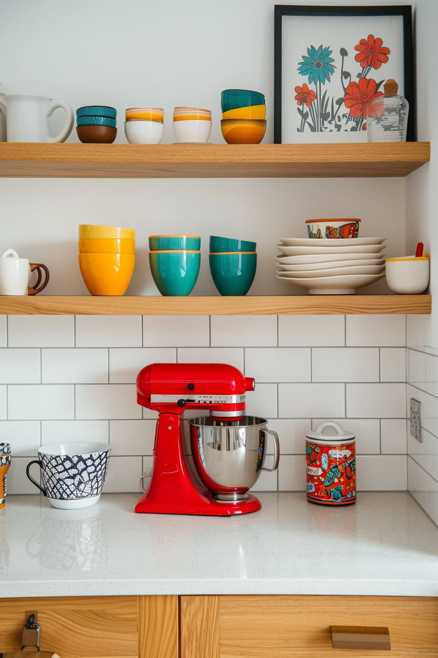 Colorful kitchenware on open shelves