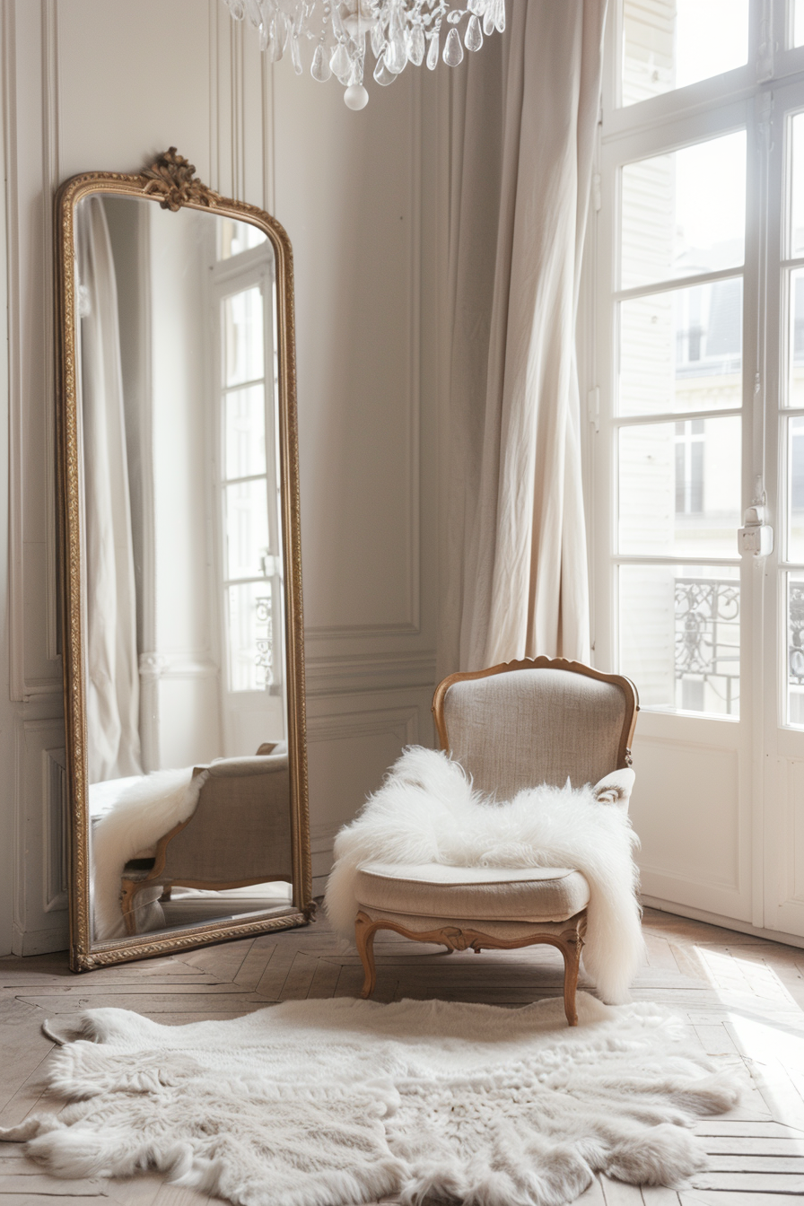 Full-length mirror with ornate gold frame in a bedroom