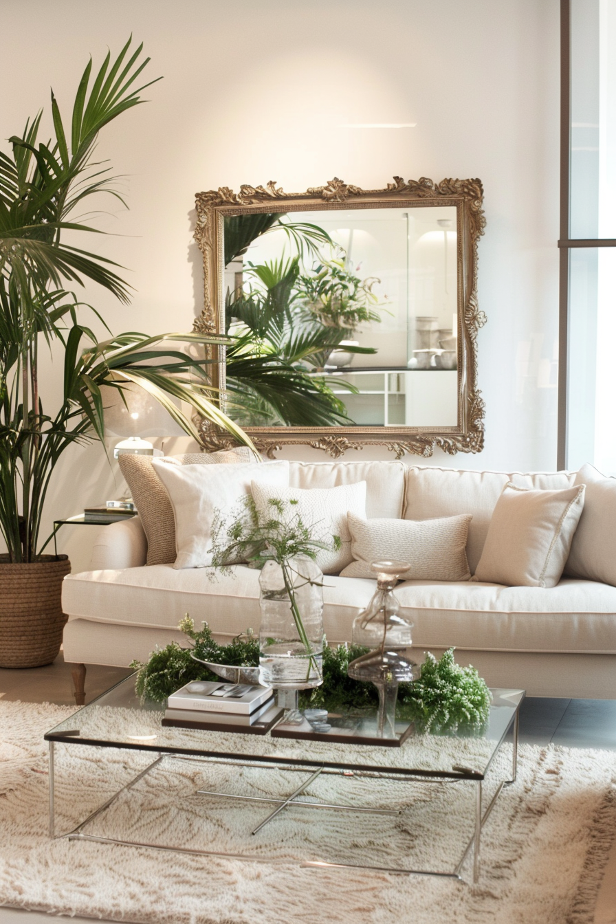 Mirror with an intricate frame acting as a statement piece in a stylish living room