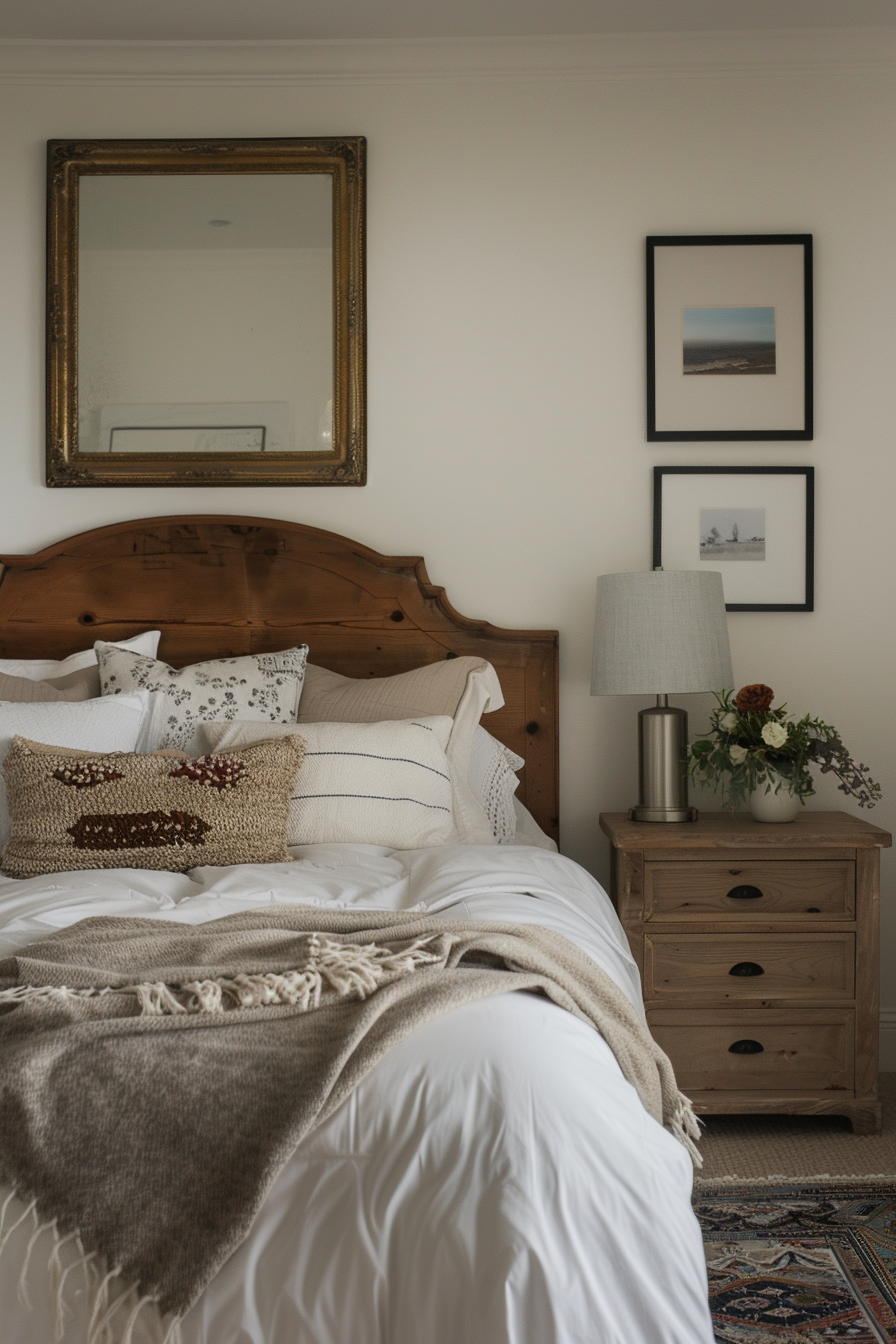 Mirror with a bold frame hanging above a wooden headboard in a serene bedroom