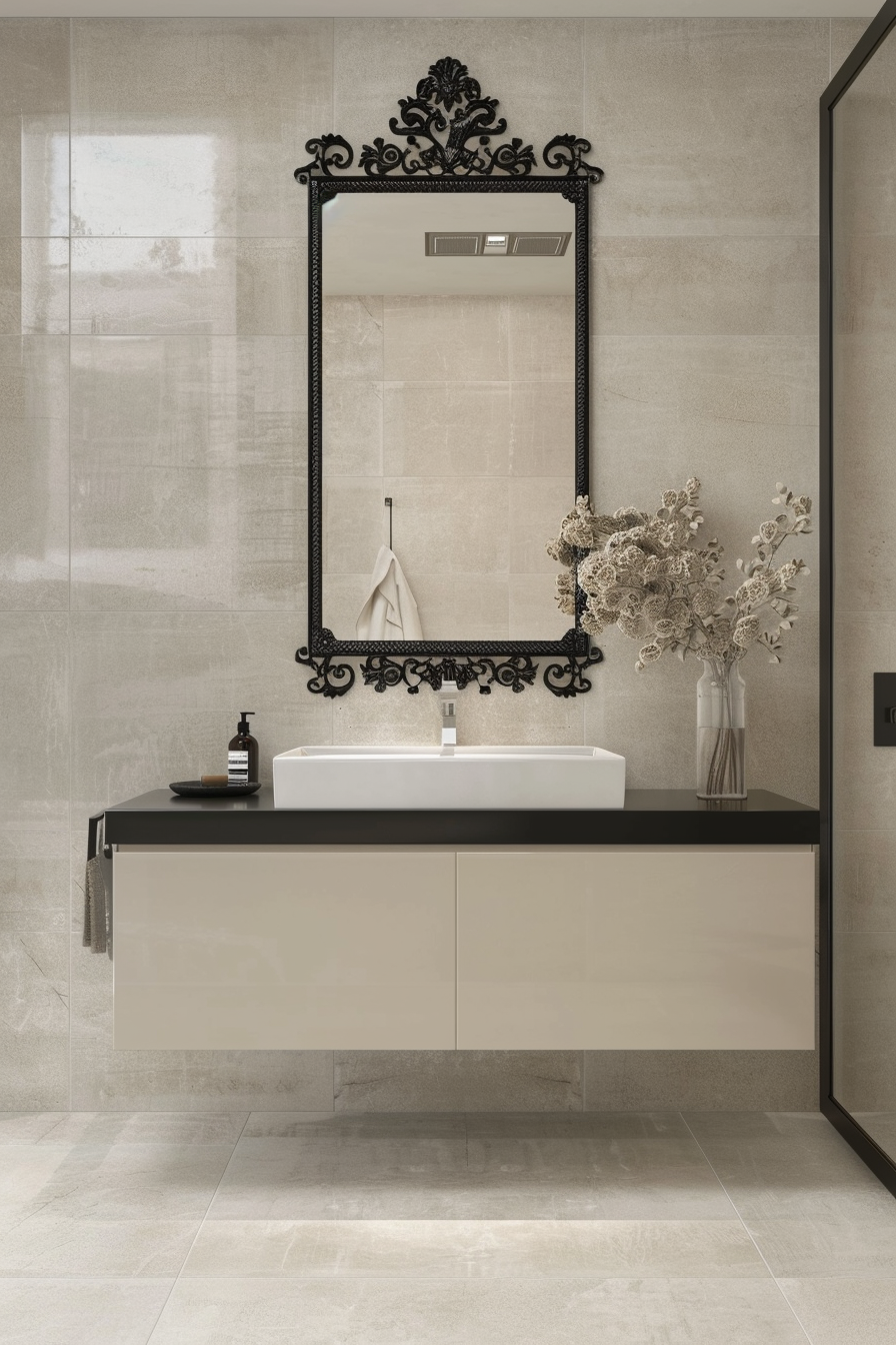 Mirror with a decorative frame above a sleek vanity in a contemporary bathroom