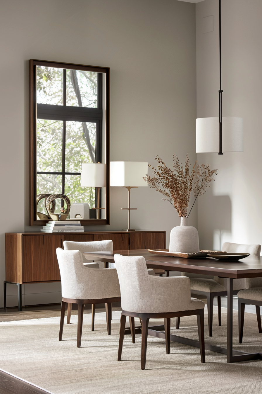 Large mirror above a wooden sideboard in a spacious dining room