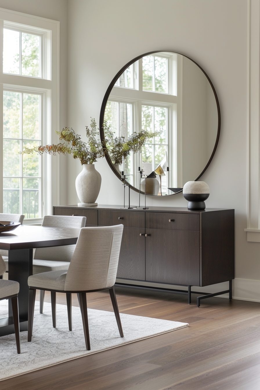 Round mirror above a sleek buffet in a stylish dining room