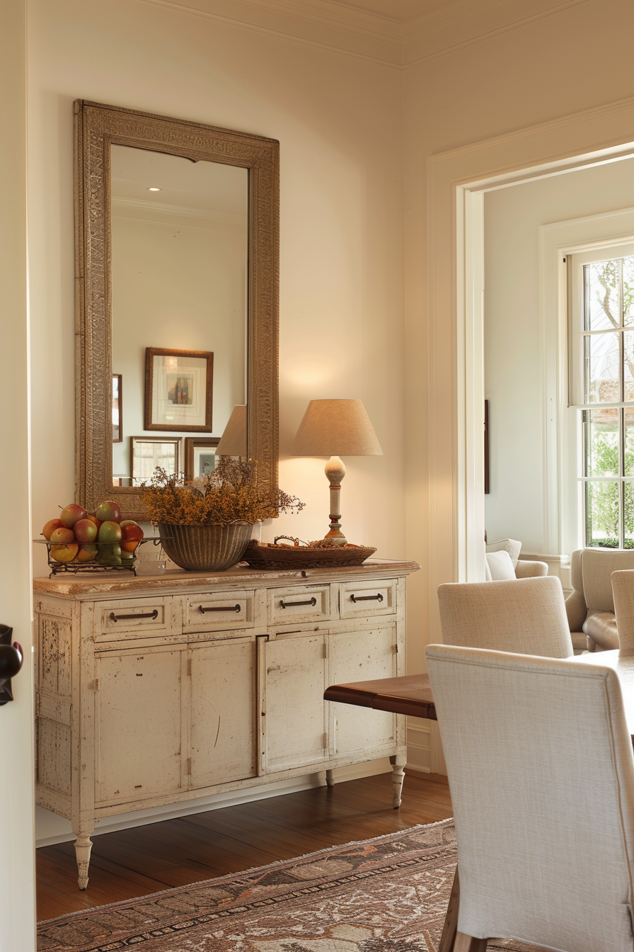 Mirror with a decorative frame hanging above a sideboard in an elegant dining room