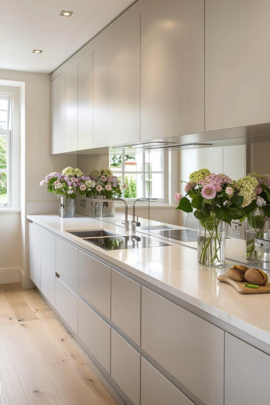 Large mirror above a sleek backsplash in a modern kitchen