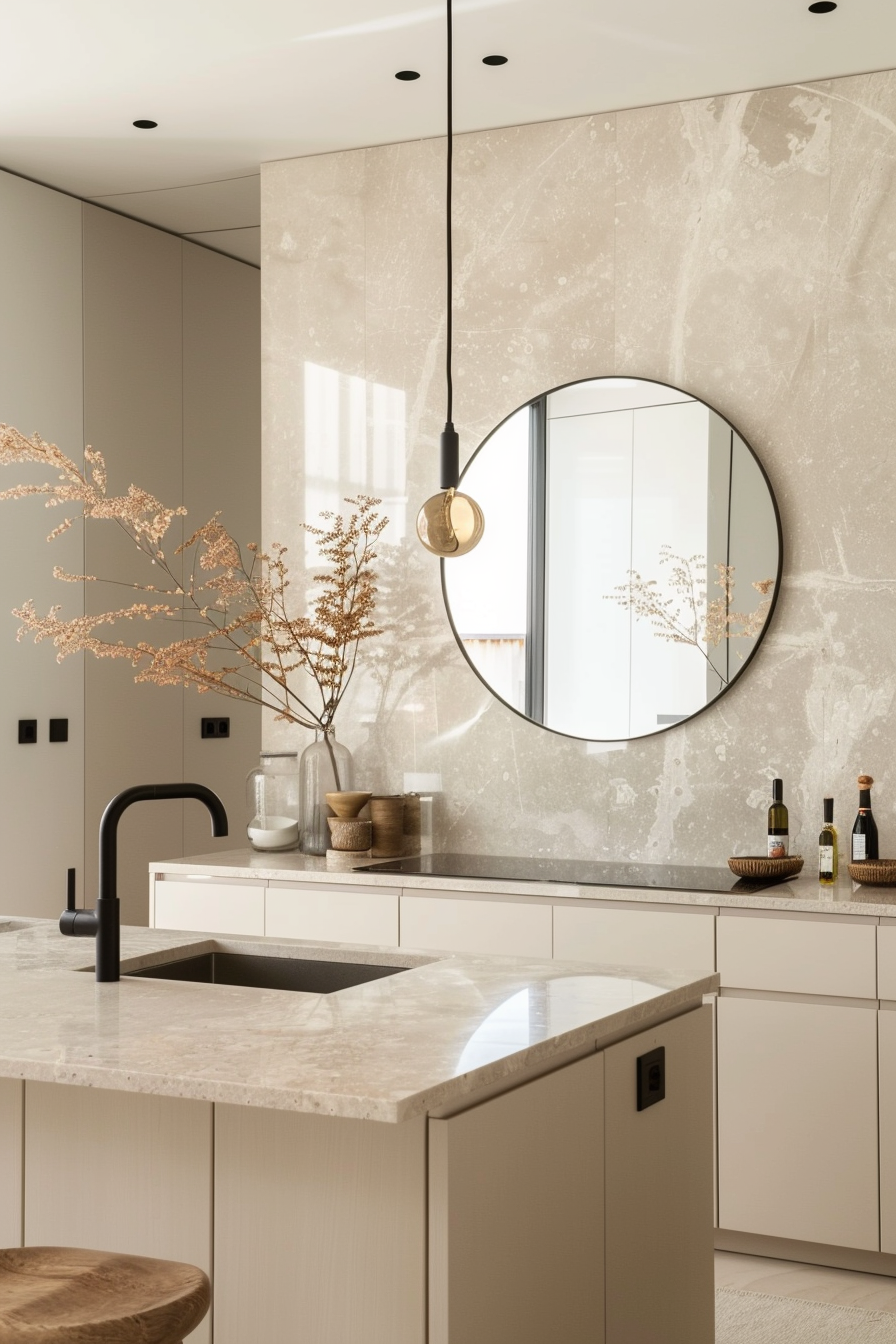 Round mirror above a kitchen island in a contemporary kitchen