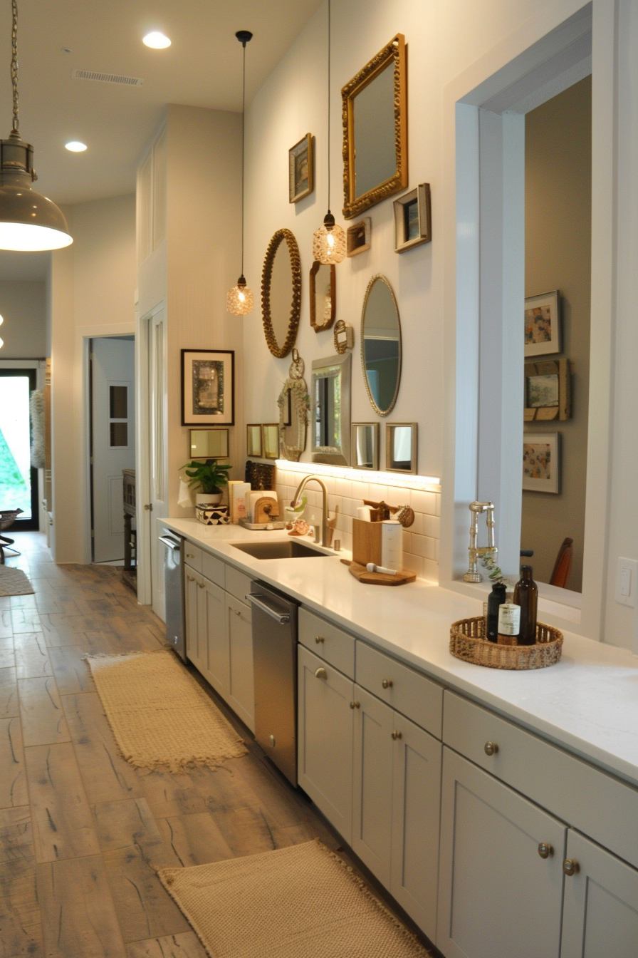 Gallery wall of mirrors in various shapes and sizes in a stylish kitchen