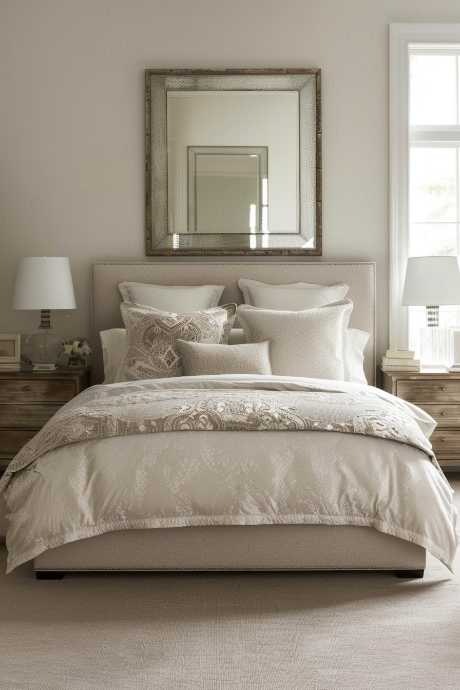 Large mirror hanging above a plush headboard in a luxurious bedroom