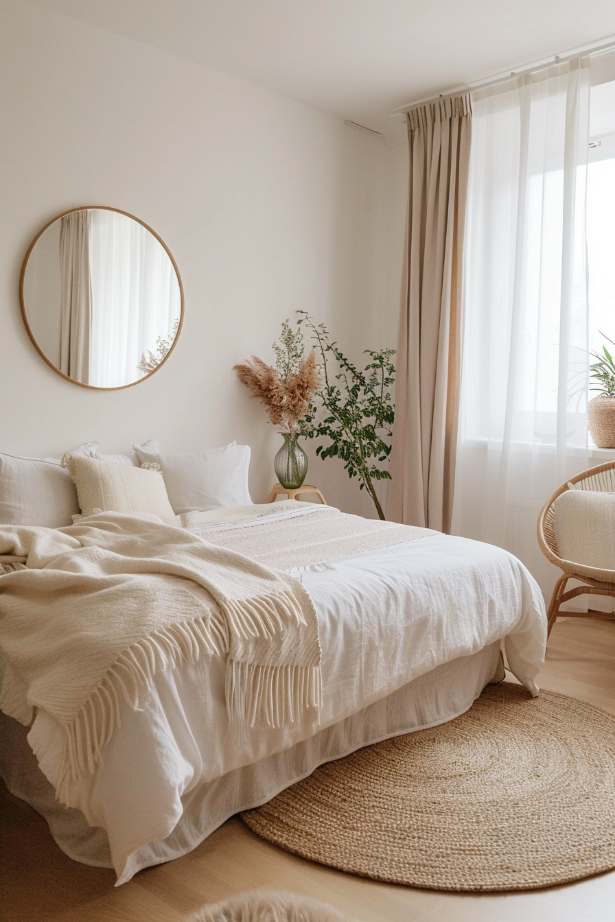 Round mirror as a headboard in a serene bedroom