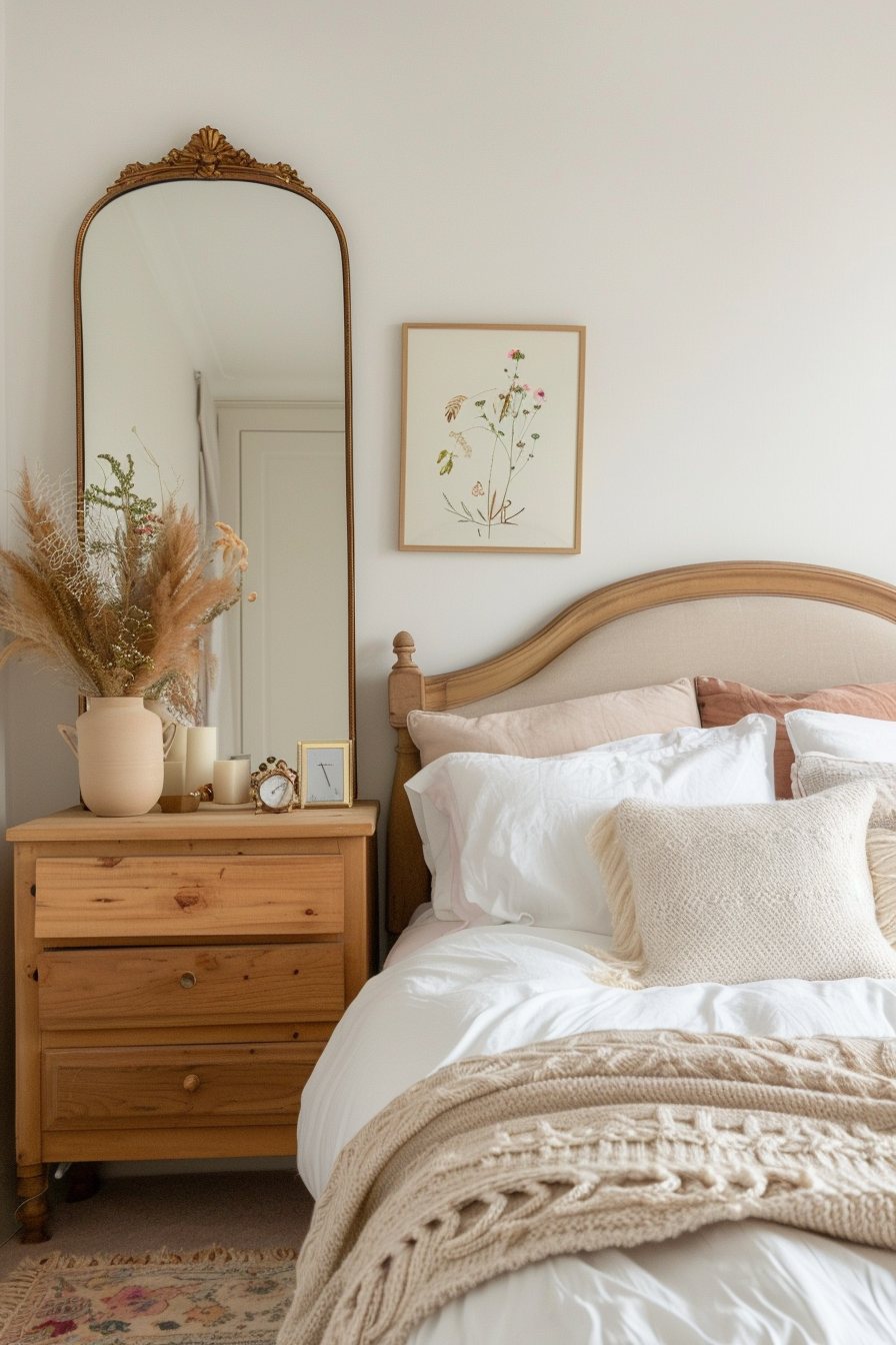 Mirror with a decorative frame hanging above a wooden headboard in a stylish bedroom