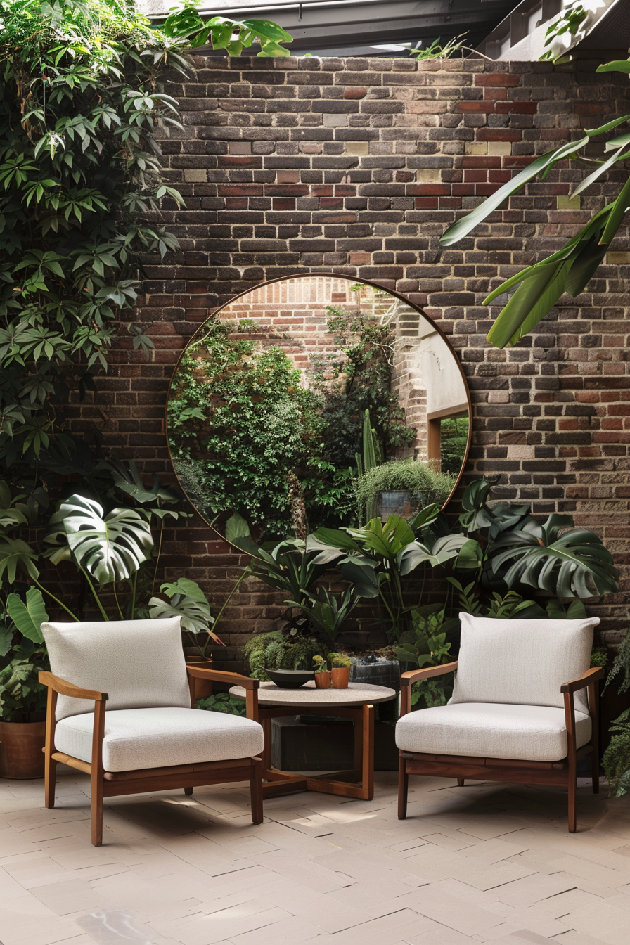 Large mirror hanging on a wooden fence in a charming garden