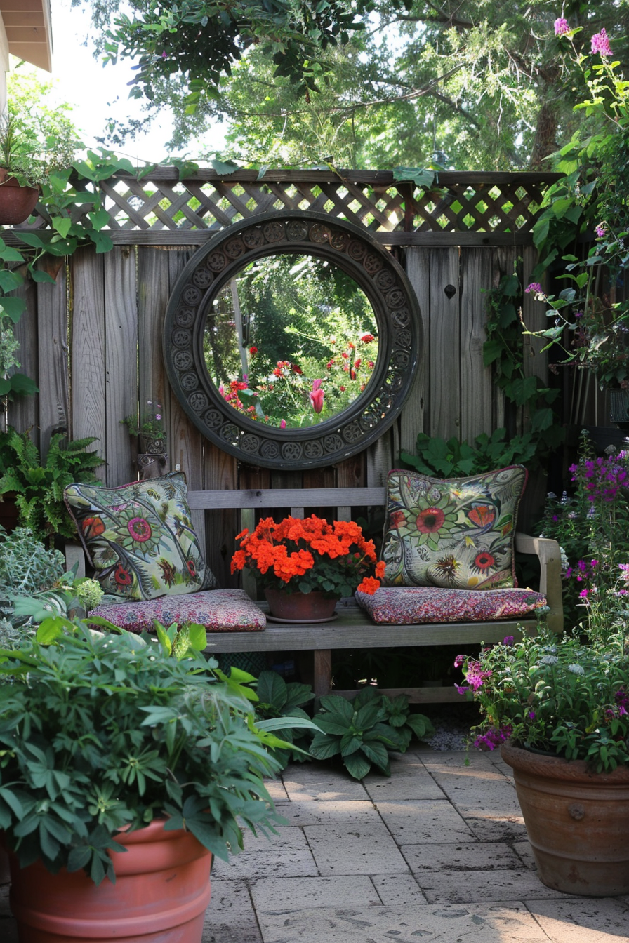 Round mirror on a brick wall in a stylish patio