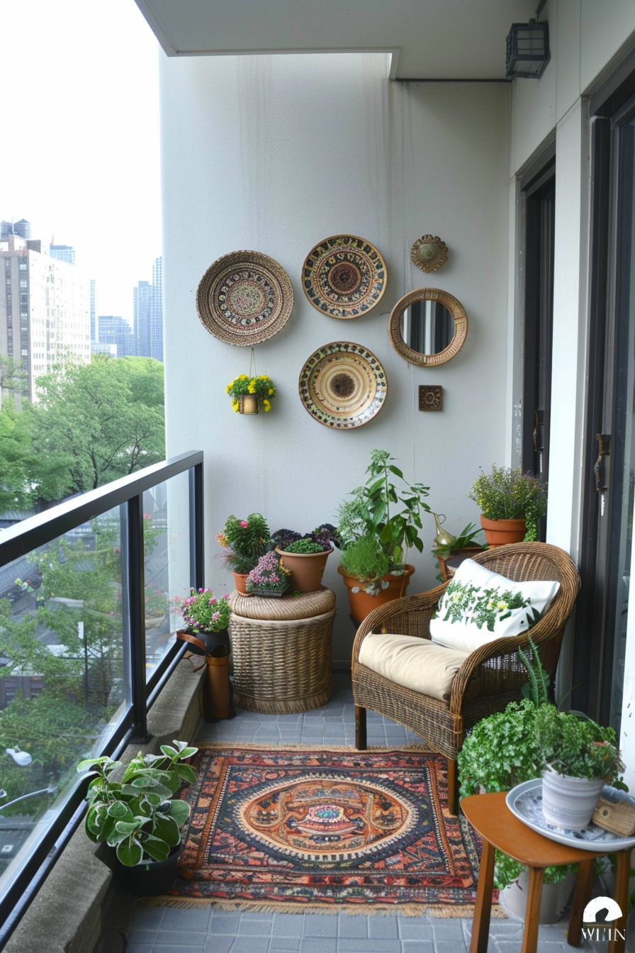 Series of small round mirrors arranged on a wall in a cozy balcony
