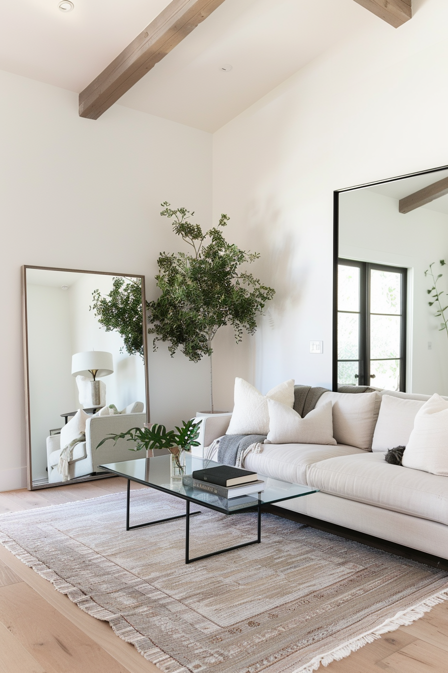 Large mirror on a freestanding frame as a room divider in a modern living room