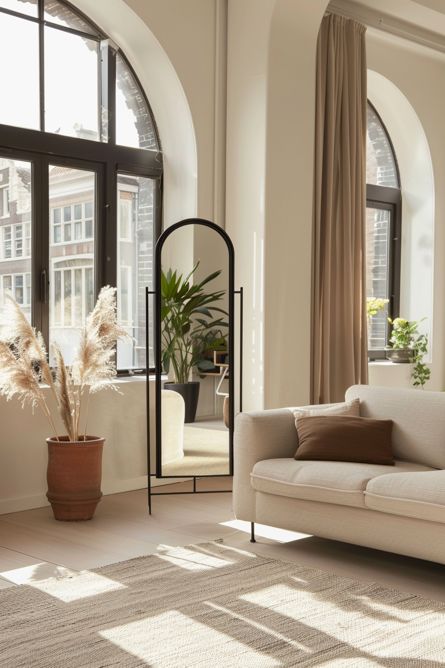 Round mirror on a freestanding frame as a room divider in a stylish open-plan space