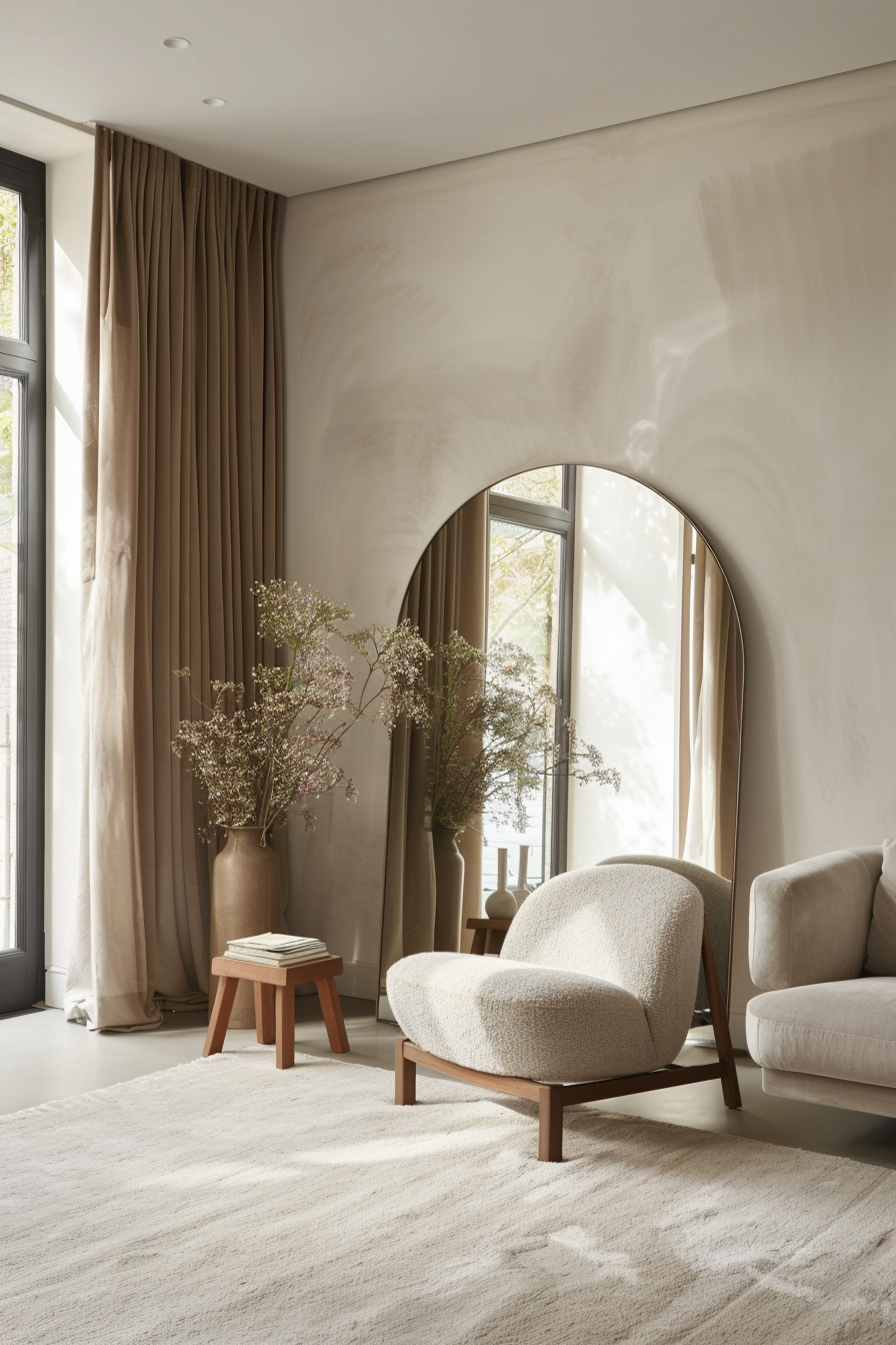 Series of small round mirrors on a freestanding frame as a room divider in a cozy apartment