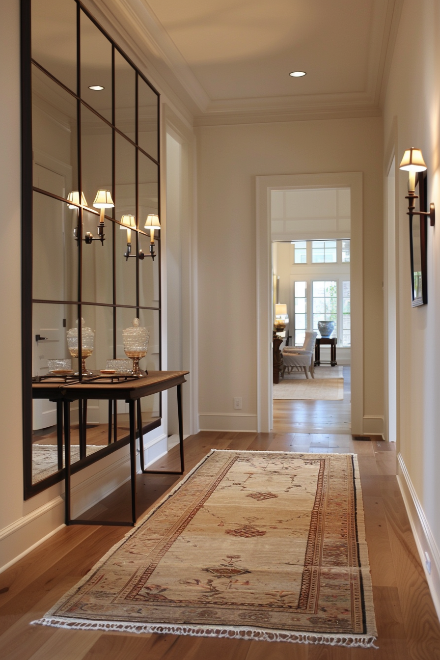 Grid pattern of full-length mirrors in a hallway