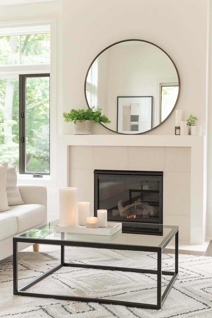 Round mirror above a fireplace in a chic living room