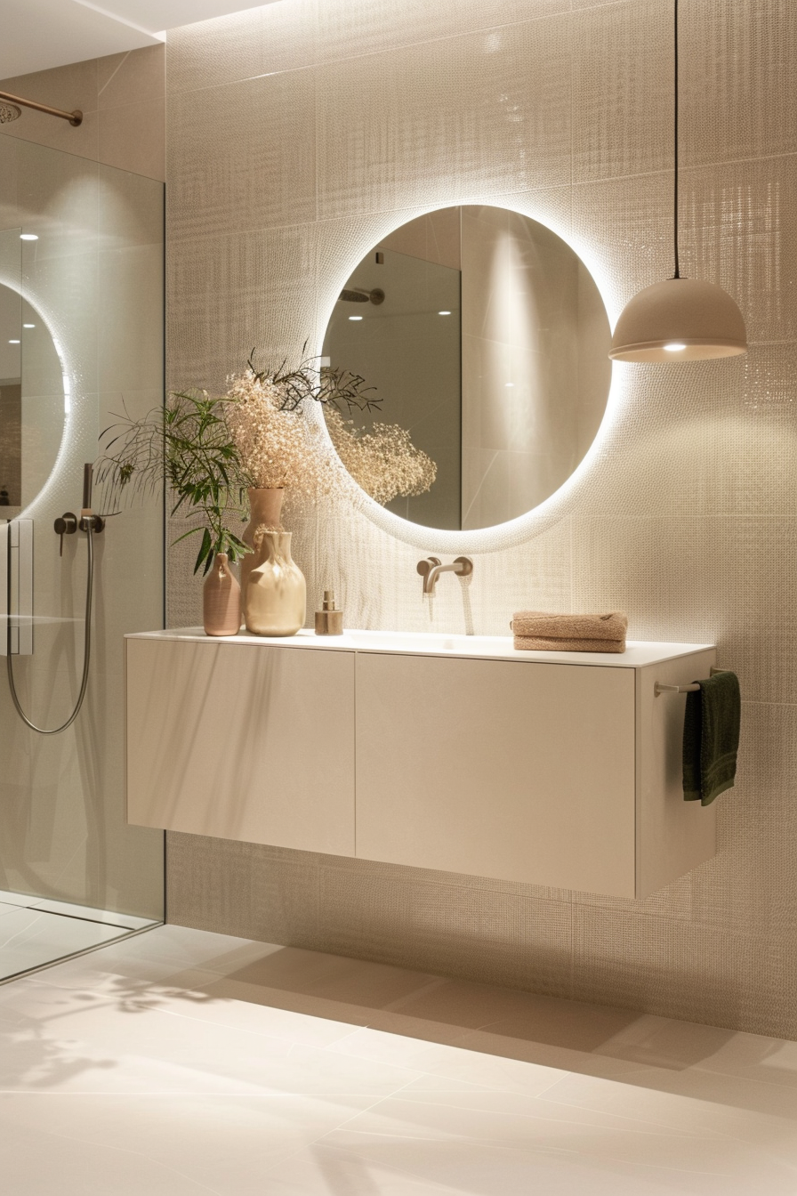 Round mirror above a floating vanity in a contemporary bathroom