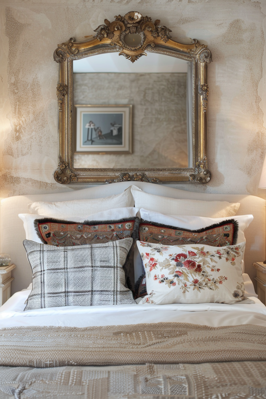 Mirror with an ornate gold frame above a plush headboard in a bedroom