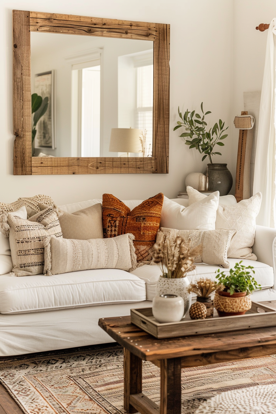 Mirror with a reclaimed wood frame in a stylish living room