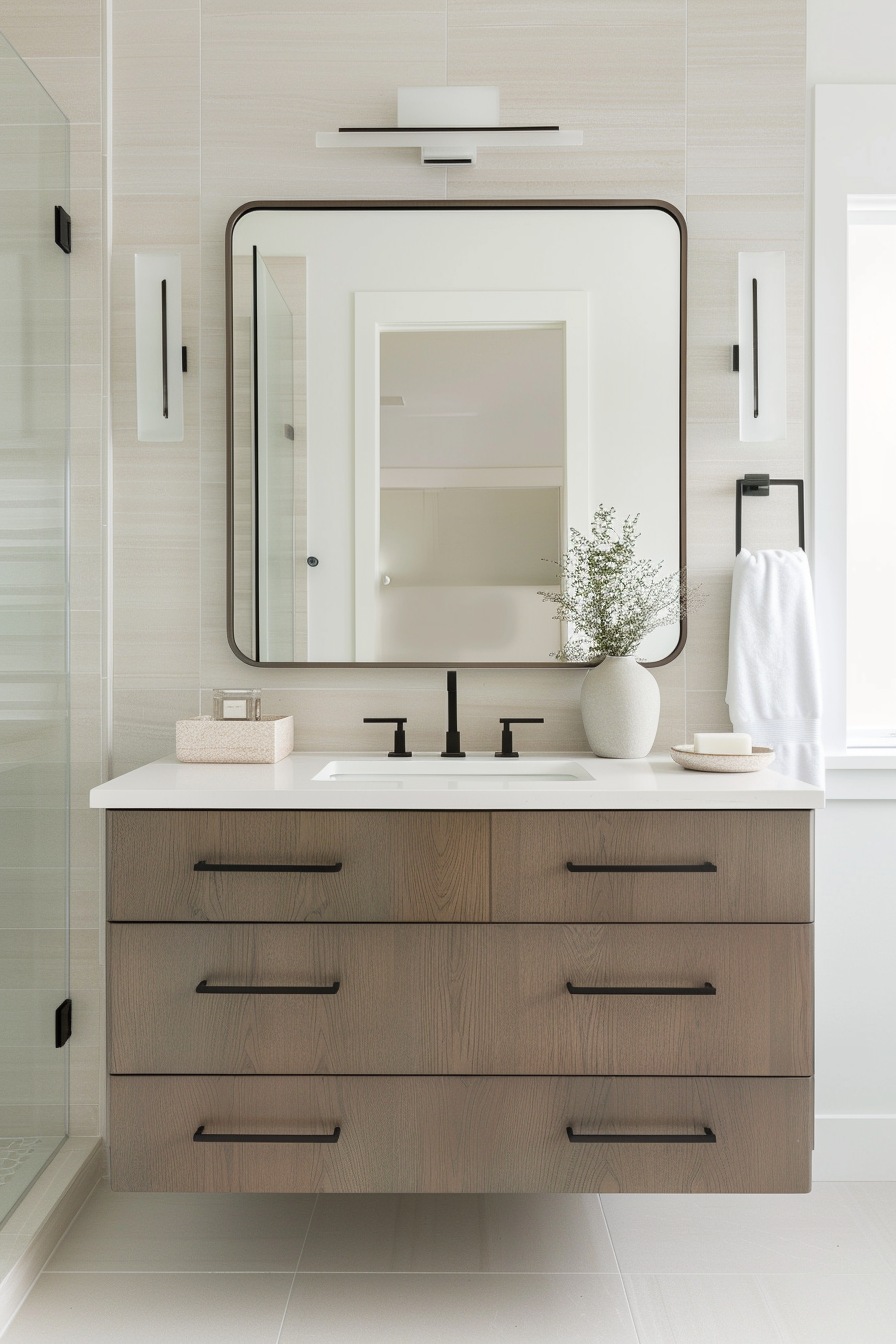 Mirror with a sleek, brushed metal frame above a floating vanity in a modern bathroom