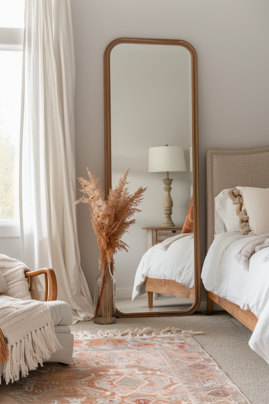 Standalone mirror with a wooden frame in a cozy bedroom corner