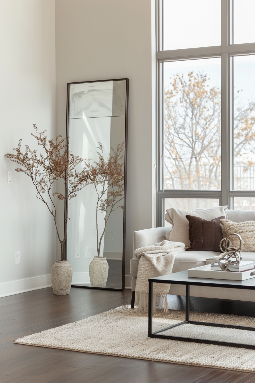 Tall, standalone mirror with a metallic frame in a contemporary living room