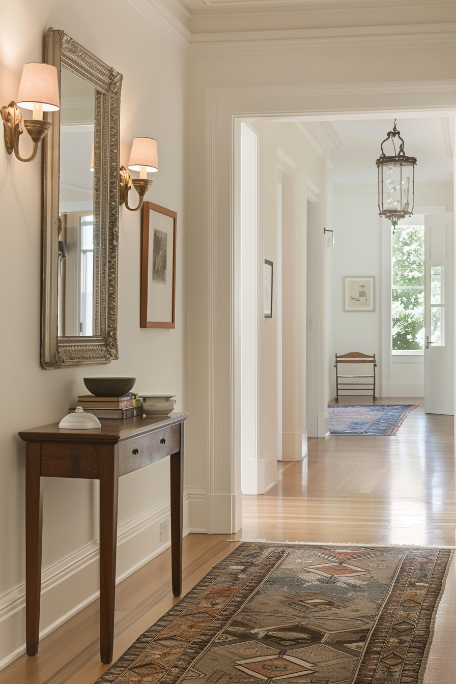 Standalone mirror with a decorative frame in an elegant hallway