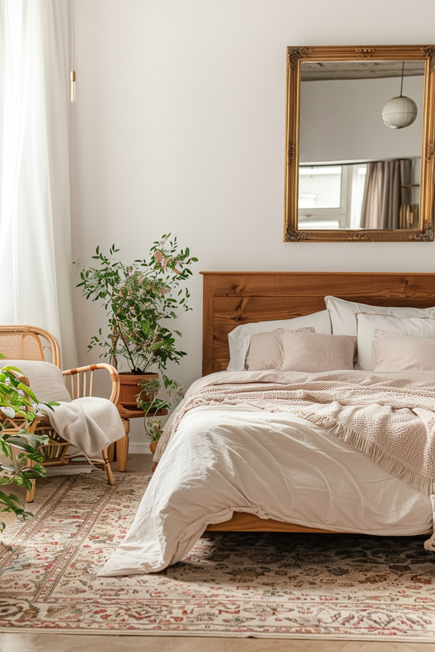 Mirror above a wooden headboard in a serene bedroom