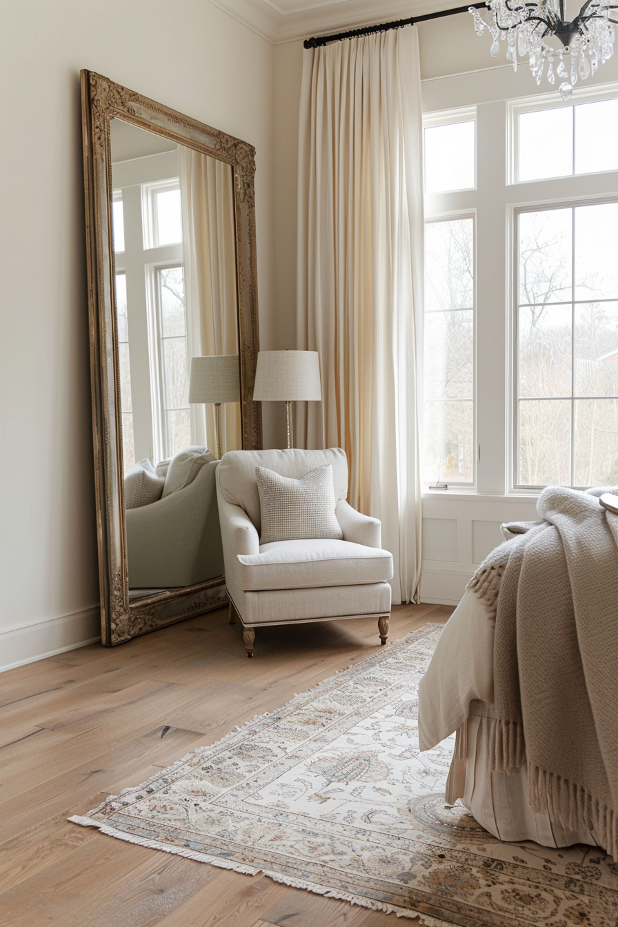 Full-length mirror with an ornate frame in a spacious bedroom corner