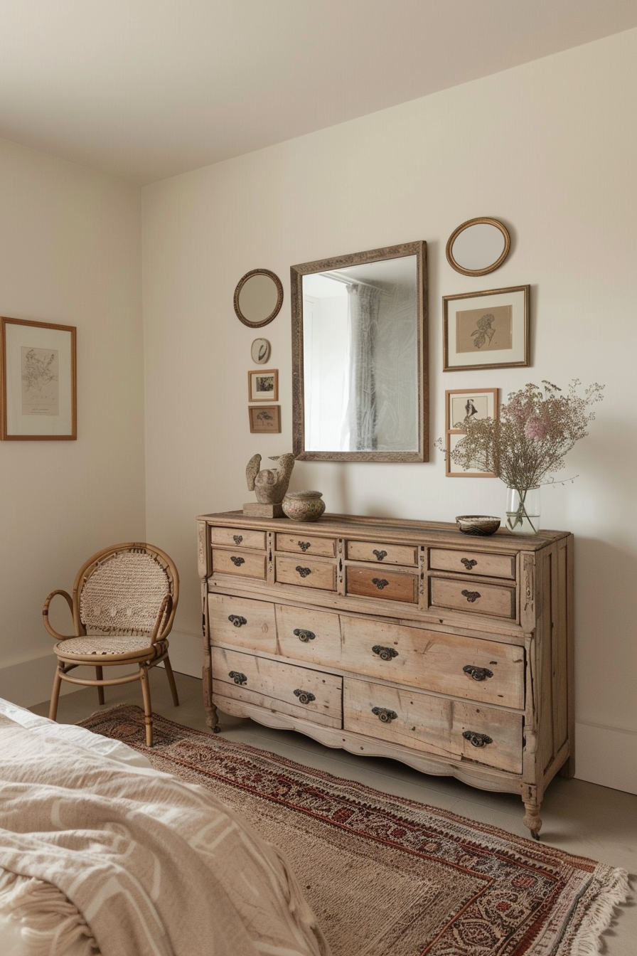 Gallery wall of mirrors above a wooden dresser in a creative bedroom