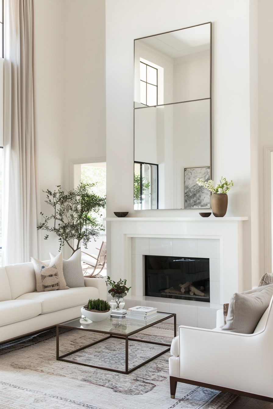 Large mirror above a white fireplace in a spacious living room