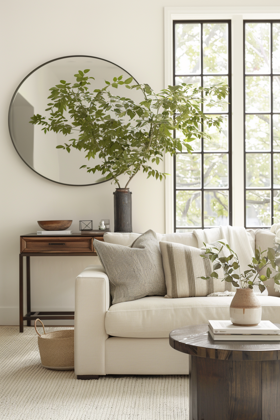 Round mirror above a console table in a contemporary living room