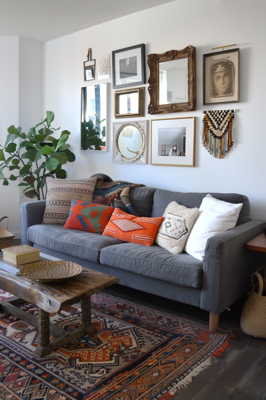 Gallery wall of mirrors in various shapes and sizes in an eclectic living room