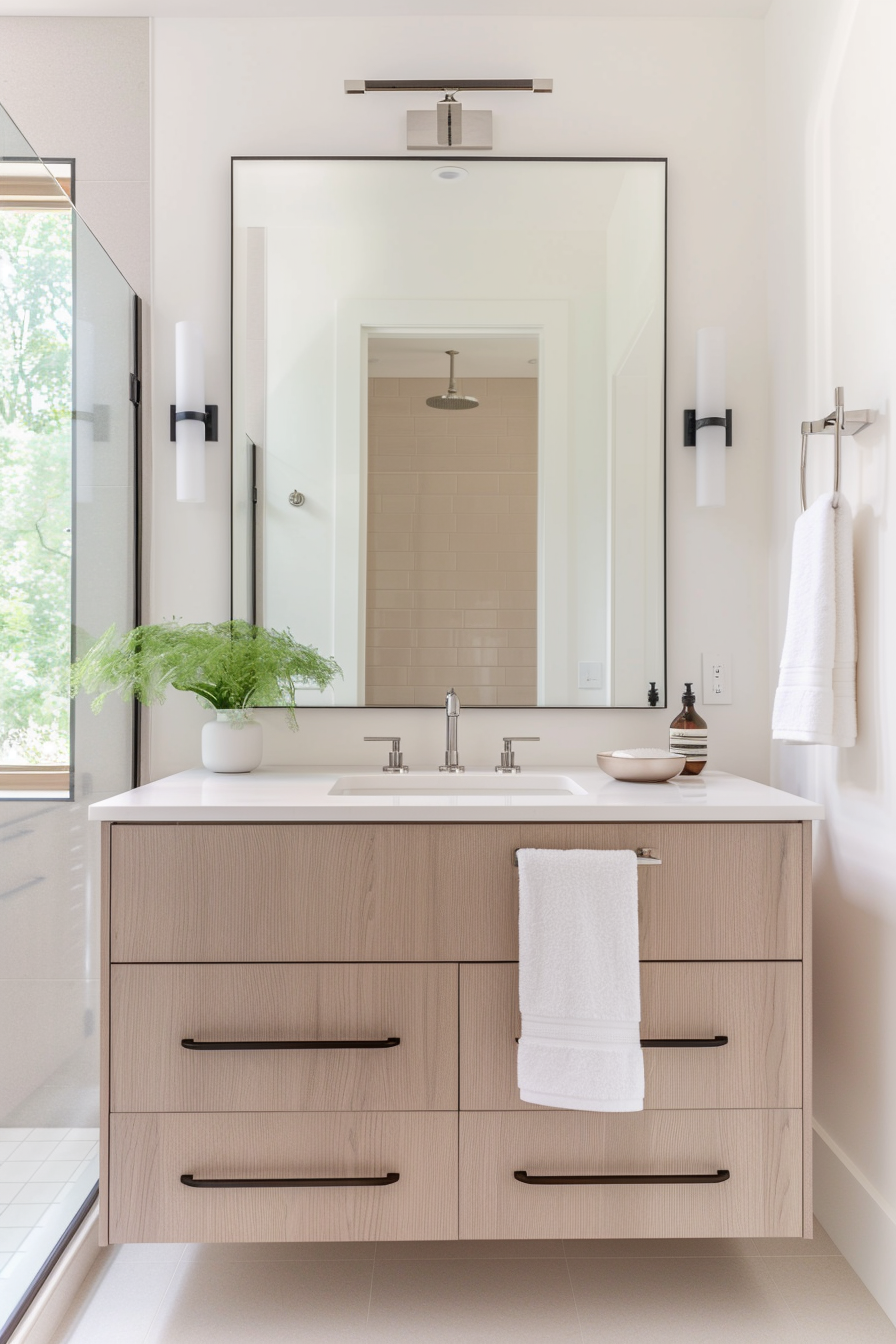 Large mirror above a floating vanity in a modern bathroom
