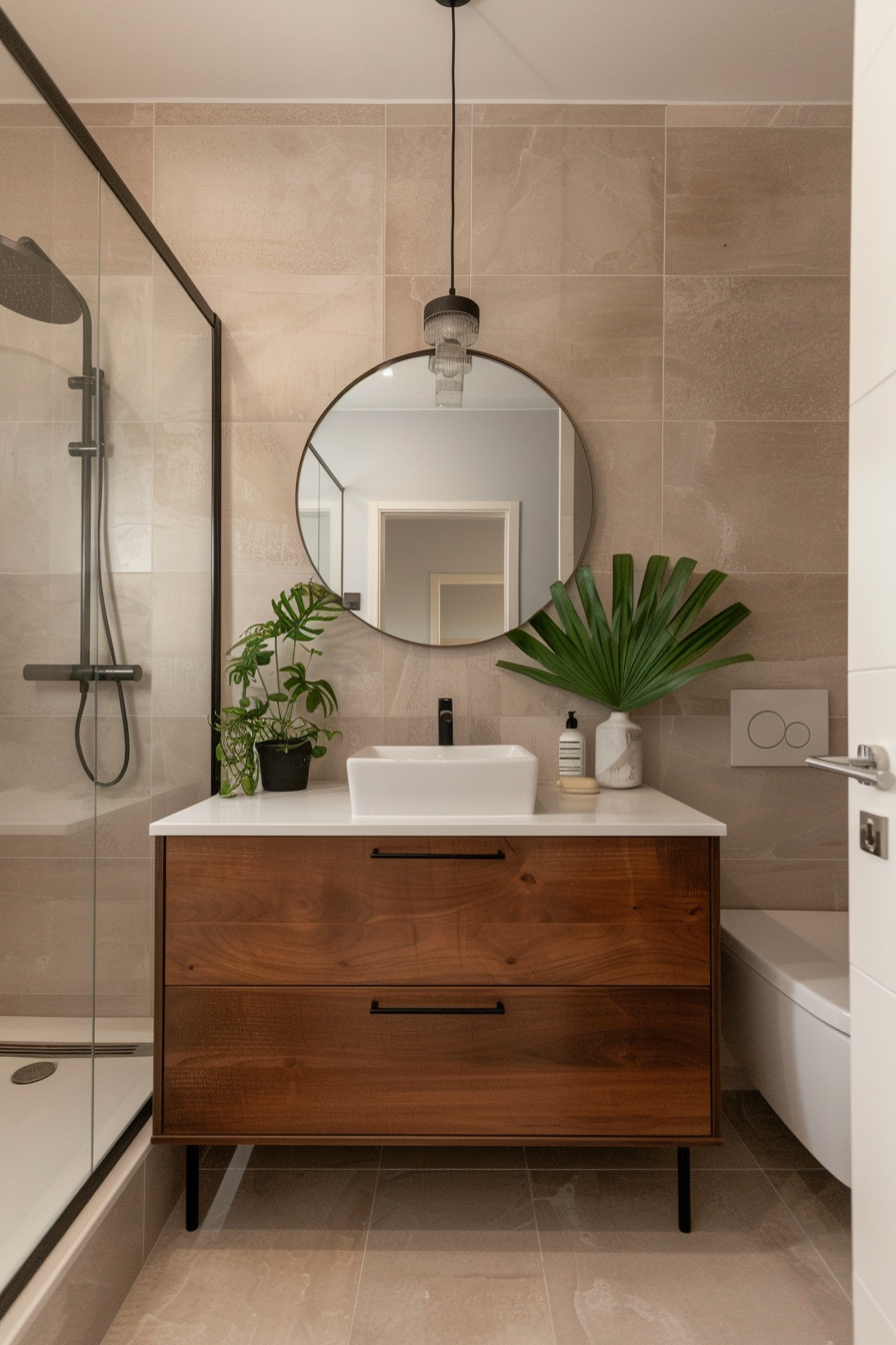 Round mirror above a sleek vanity in a contemporary bathroom