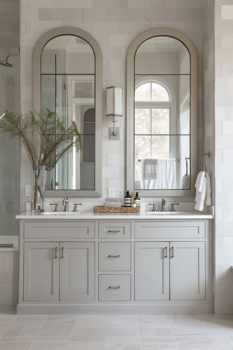 Series of mirrors in different shapes and sizes above a double vanity in a stylish bathroom