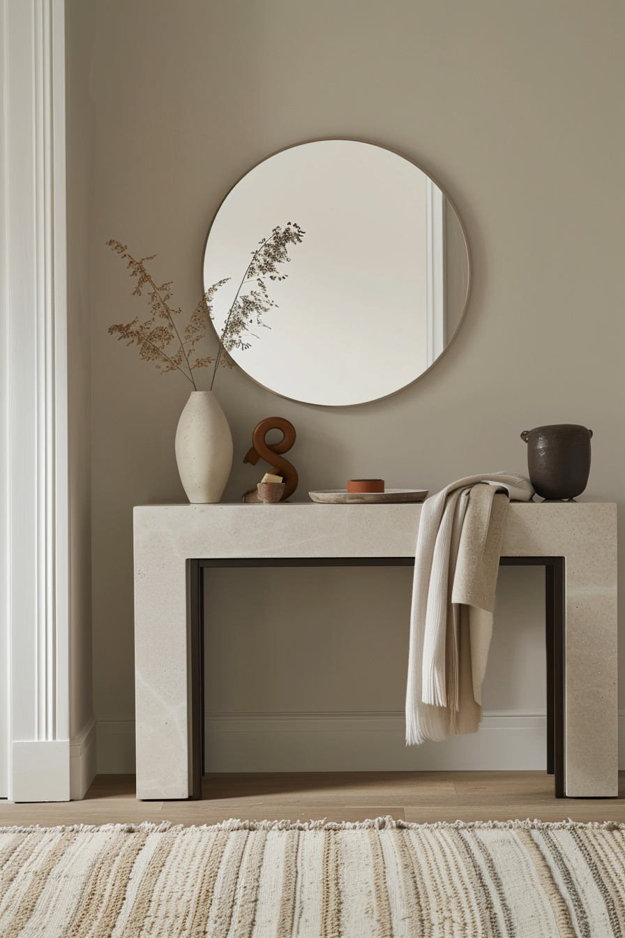 Round mirror above a sleek console table in a stylish entryway