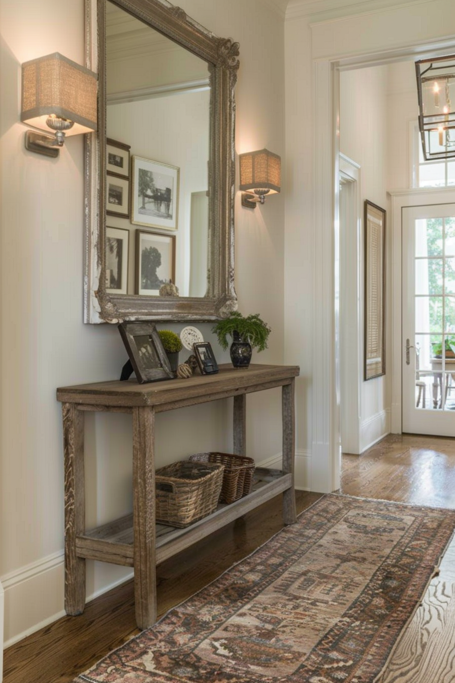 Standalone mirror with a decorative frame in an elegant entryway