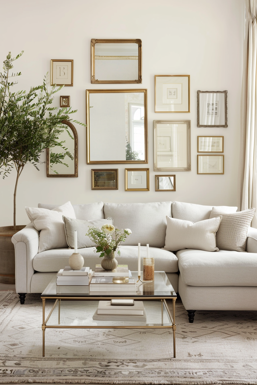 Gallery wall of mirrors in various shapes and sizes in a chic living room