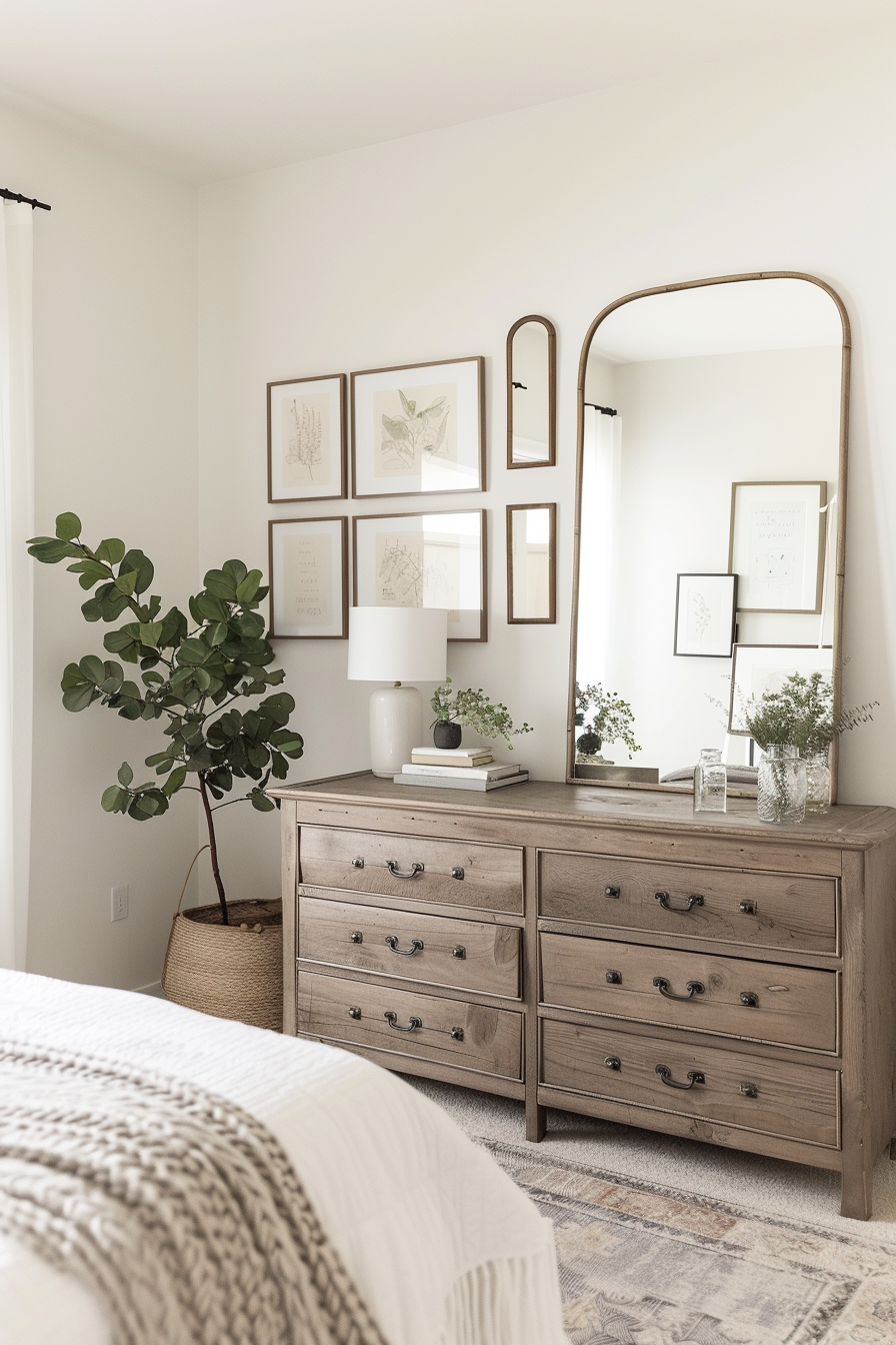 Gallery wall of mirrors above a wooden dresser in a serene bedroom