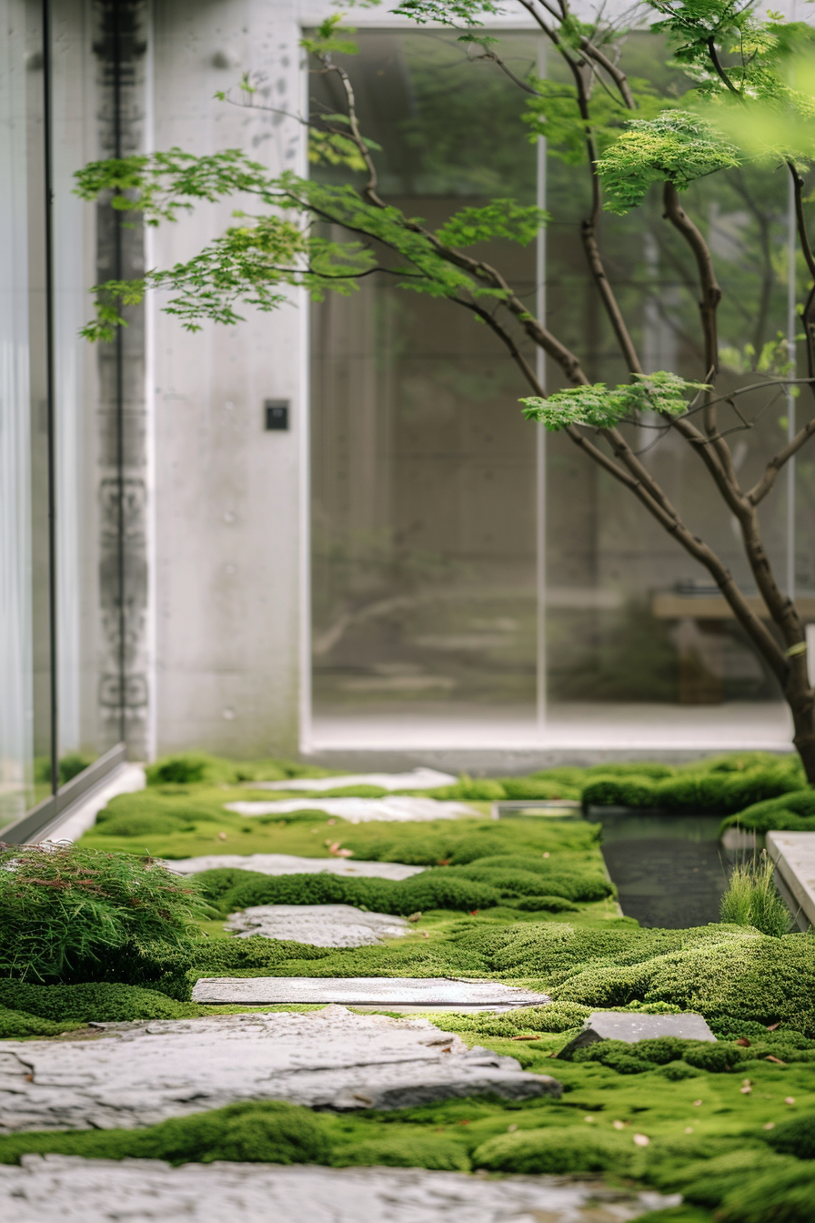 Zen garden with lush moss